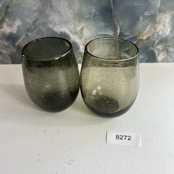 Green Smoke Bubble Glass Stemless Wine Artisan Glass Set of 2 - Picture 10 of 10